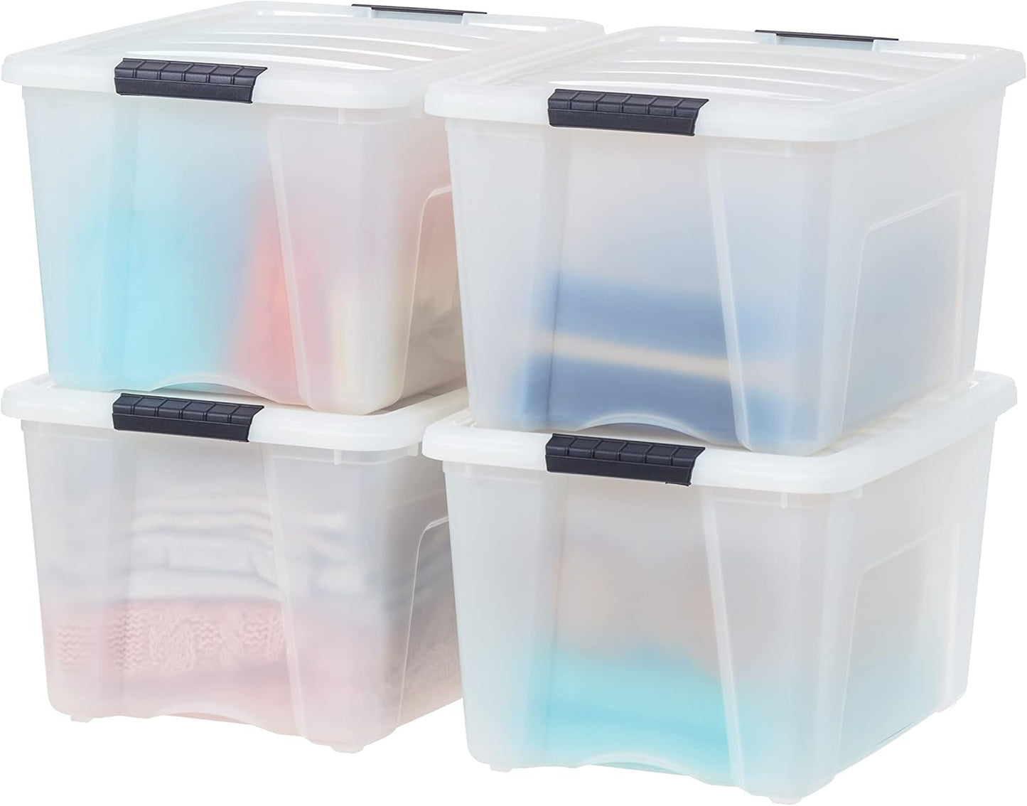 IRIS USA 72 Qt Stackable Plastic Storage Bins with Lids, 4 Pack - BPA-Free, Made in USA - See-Through Organizing Solution, Latches, Durable Nestable Containers, Secure Pull Handle - Clear