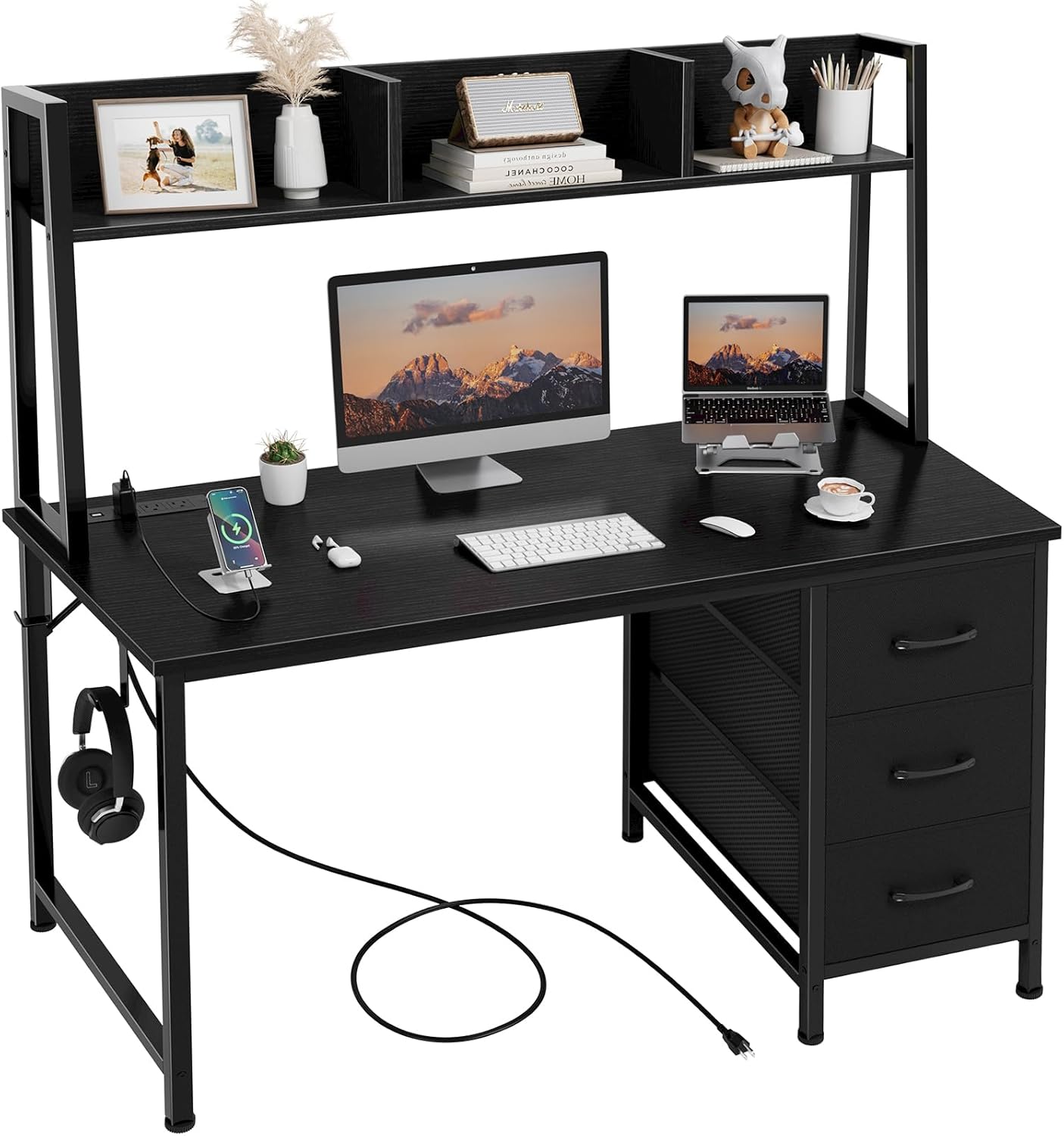 White Computer Desk with Hutch & Drawers - Office Desk with 3 Storage Drawers and Power Outlets, 47 Inch Modern Study Writing Desk for Bedroom Home Office