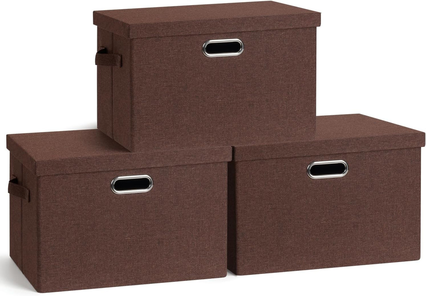 Large 17" 36 Quart Collapsible Stackable Storage Bins with Lids, 3 Packs Beige Linen Fabric Closet Boxes with Lids, Storage Cube Baskets Container Organizers for Bedroom Office(17 x12 x11)