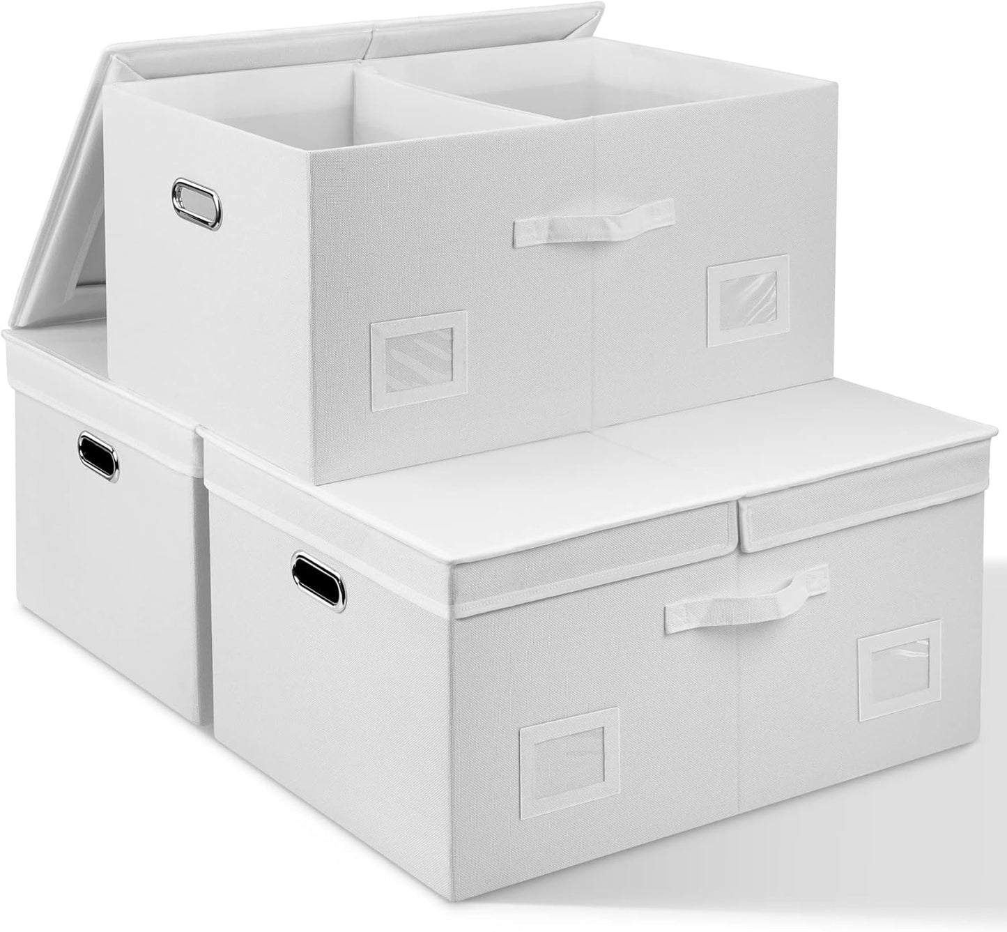 Large 17" 36 Quart Collapsible Stackable Storage Bins with Lids, 3 Packs Beige Linen Fabric Closet Boxes with Lids, Storage Cube Baskets Container Organizers for Bedroom Office(17 x12 x11)