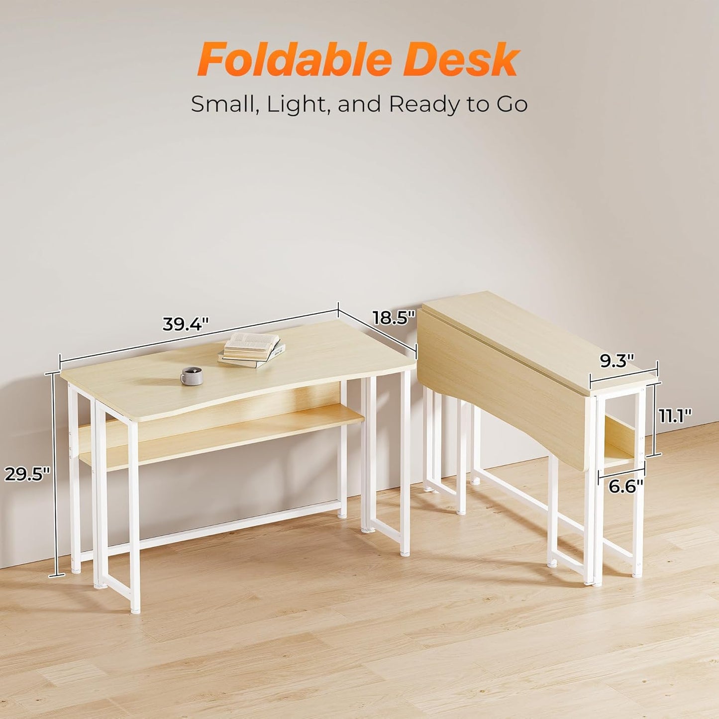Huuger Folding Desk with Storage Shelf, 39.3 Inch Foldable Computer Table for Small Spaces, Space Saving Sofa Table for Couch, Writing Work Office Computer Desk, Easy to Fold, Oak