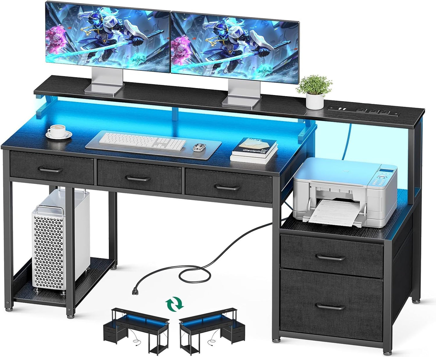 AODK 55 Inch Computer Desk with 3 Drawers and File Cabinet for Storage, Office Desk with Monitor Stand and LED Lights, Home Office Desks, White