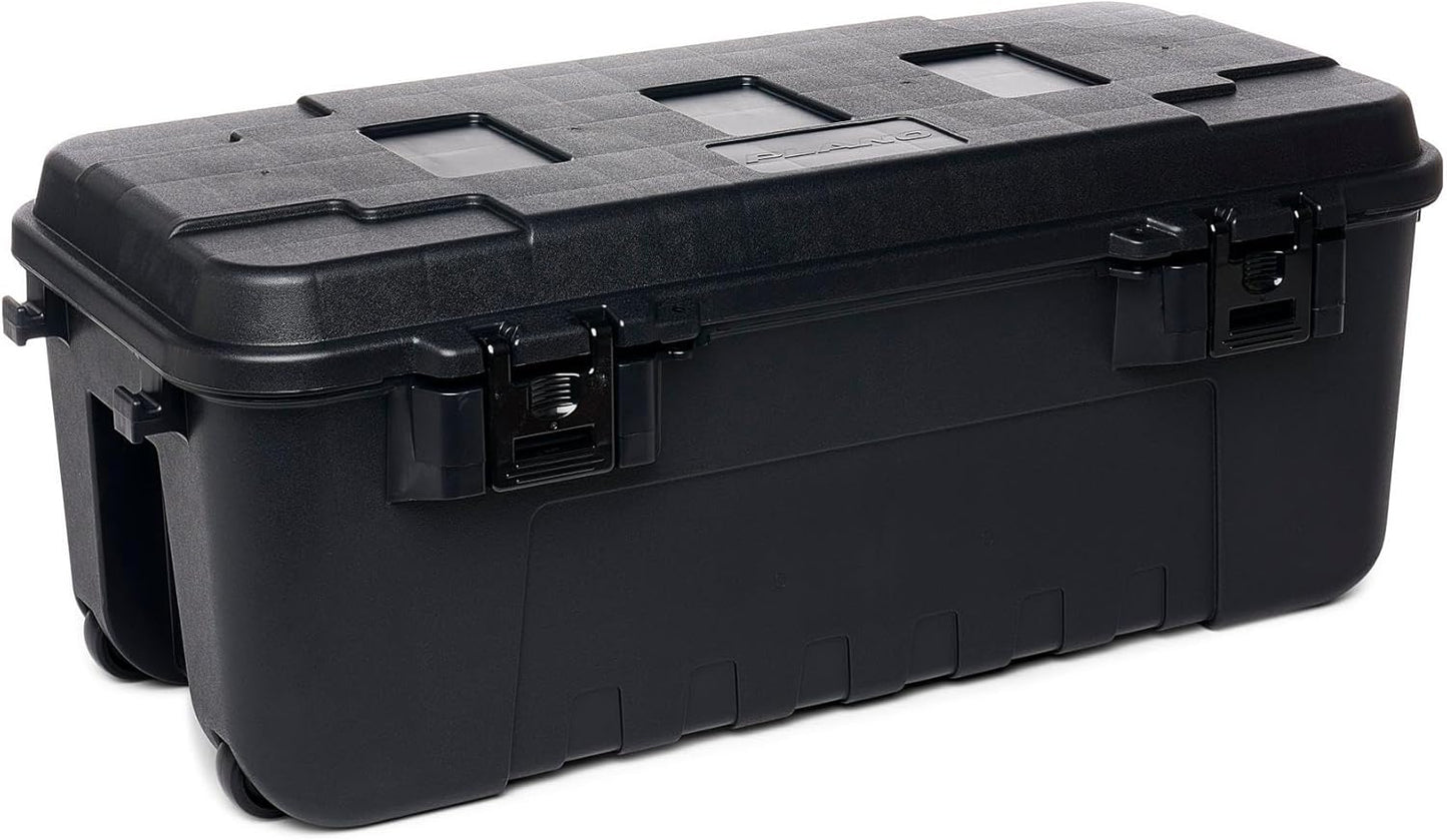 Plano Sportsman Trunk with Wheels, Black, 108-Quart, Lockable Storage Box, Rolling Sportsman Trunk, Hunting Gear and Ammunition Bin, Heavy-Duty Containers for Camping, Large
