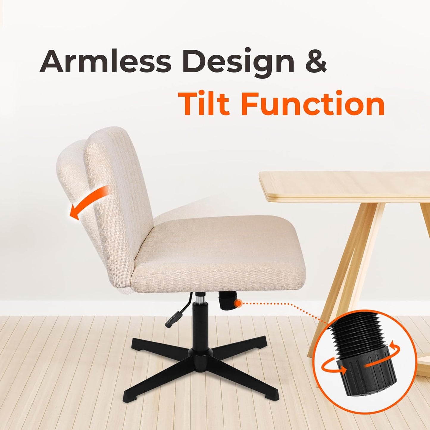 NEO CHAIR Criss Cross Wide Chair Comfy No Wheels Armless Cross Legged Swivel Office Vanity Desk Chair Adjustable Computer Task for Home Office Fabric (Ivory)