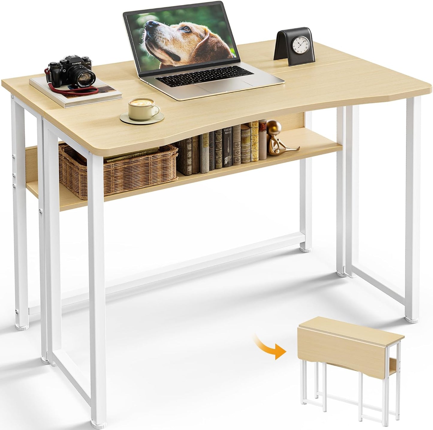 Huuger Folding Desk with Storage Shelf, 39.3 Inch Foldable Computer Table for Small Spaces, Space Saving Sofa Table for Couch, Writing Work Office Computer Desk, Easy to Fold, Oak