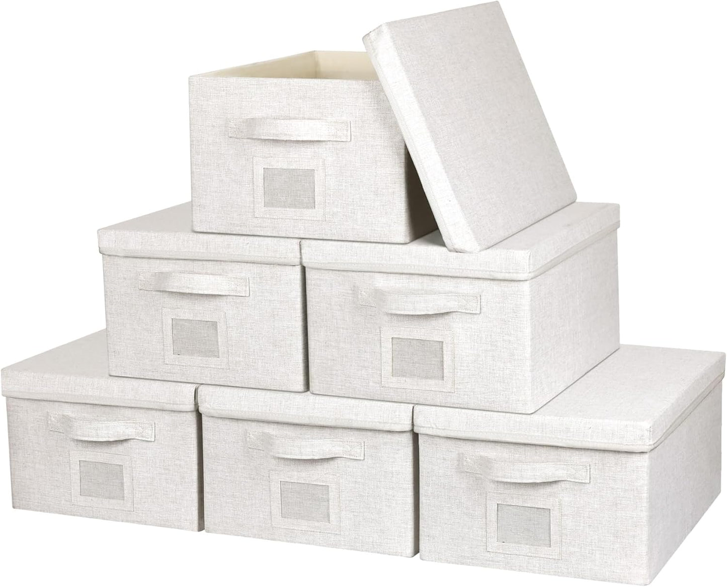Large 17" 36 Quart Collapsible Stackable Storage Bins with Lids, 3 Packs Beige Linen Fabric Closet Boxes with Lids, Storage Cube Baskets Container Organizers for Bedroom Office(17 x12 x11)