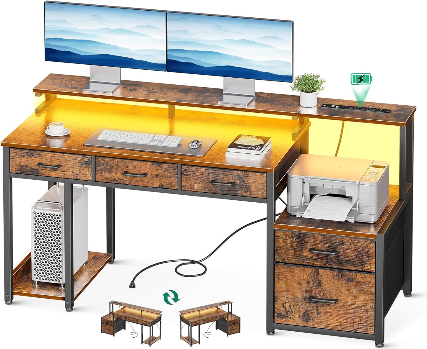 AODK 55 Inch Computer Desk with 3 Drawers and File Cabinet for Storage, Office Desk with Monitor Stand and LED Lights, Home Office Desks, White