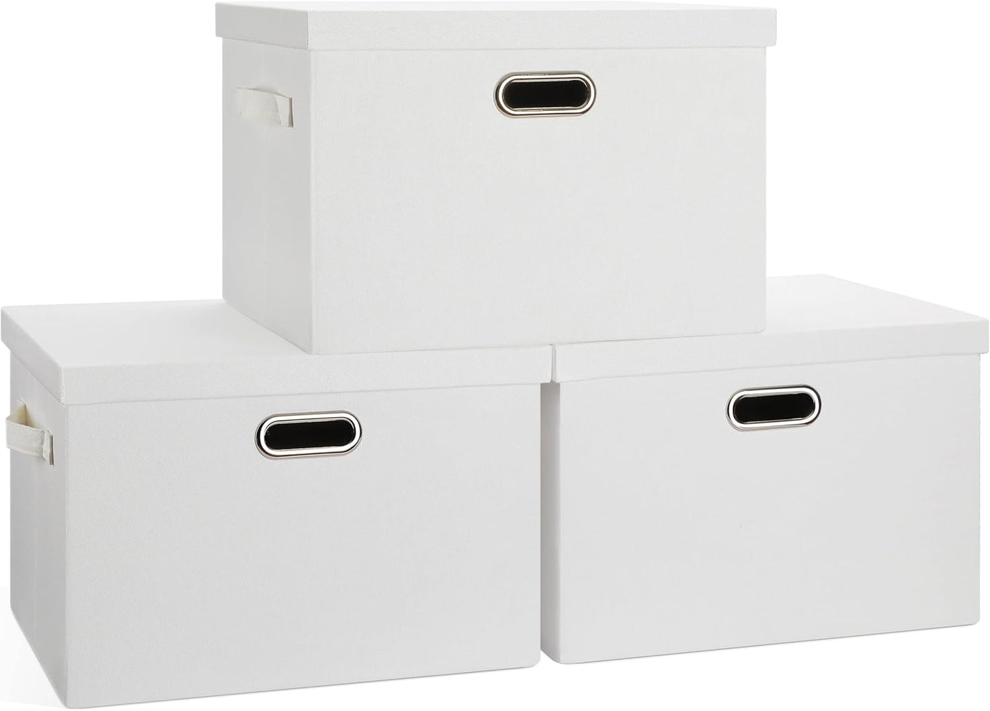 Large 17" 36 Quart Collapsible Stackable Storage Bins with Lids, 3 Packs Beige Linen Fabric Closet Boxes with Lids, Storage Cube Baskets Container Organizers for Bedroom Office(17 x12 x11)