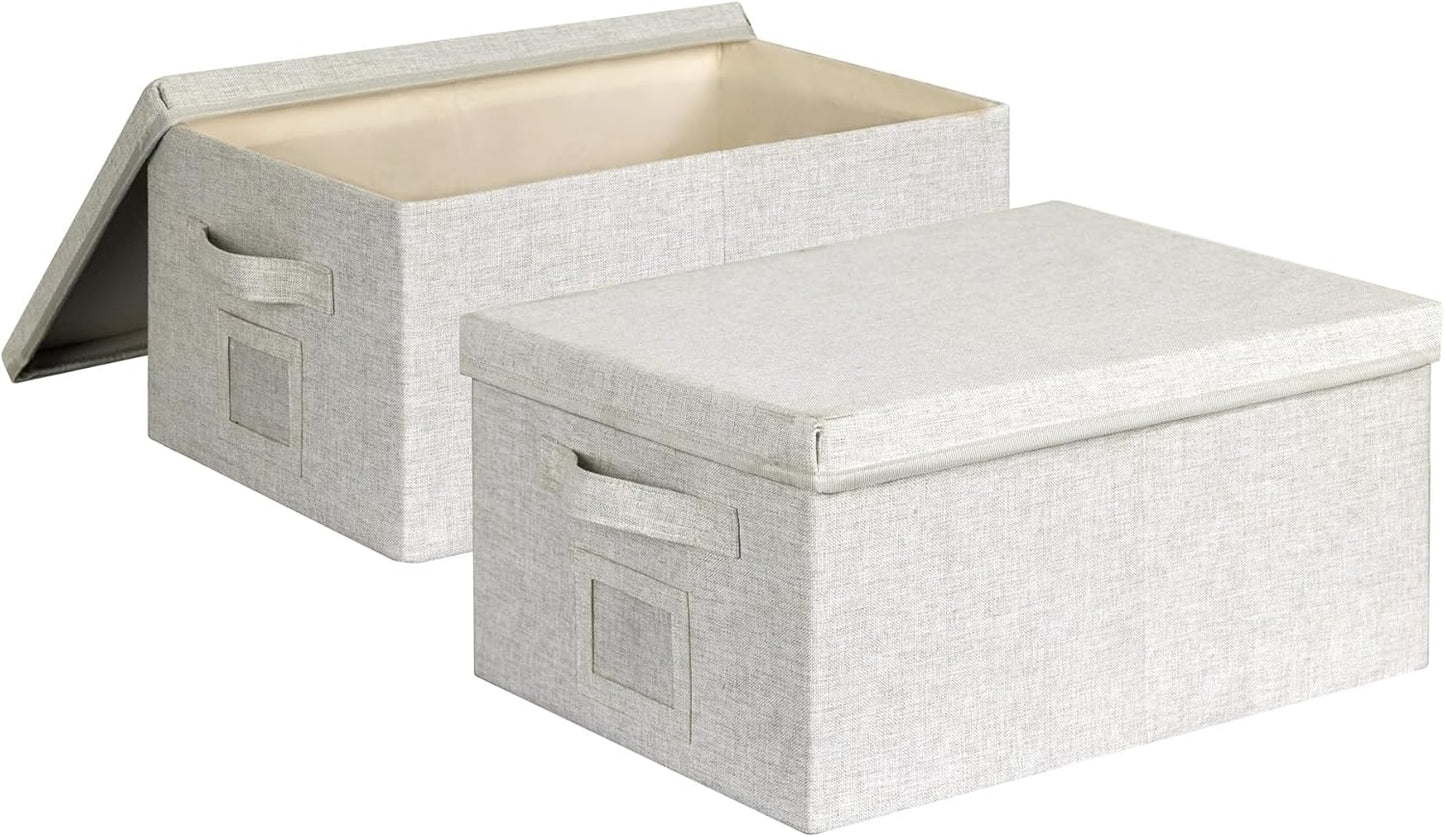 Large 17" 36 Quart Collapsible Stackable Storage Bins with Lids, 3 Packs Beige Linen Fabric Closet Boxes with Lids, Storage Cube Baskets Container Organizers for Bedroom Office(17 x12 x11)
