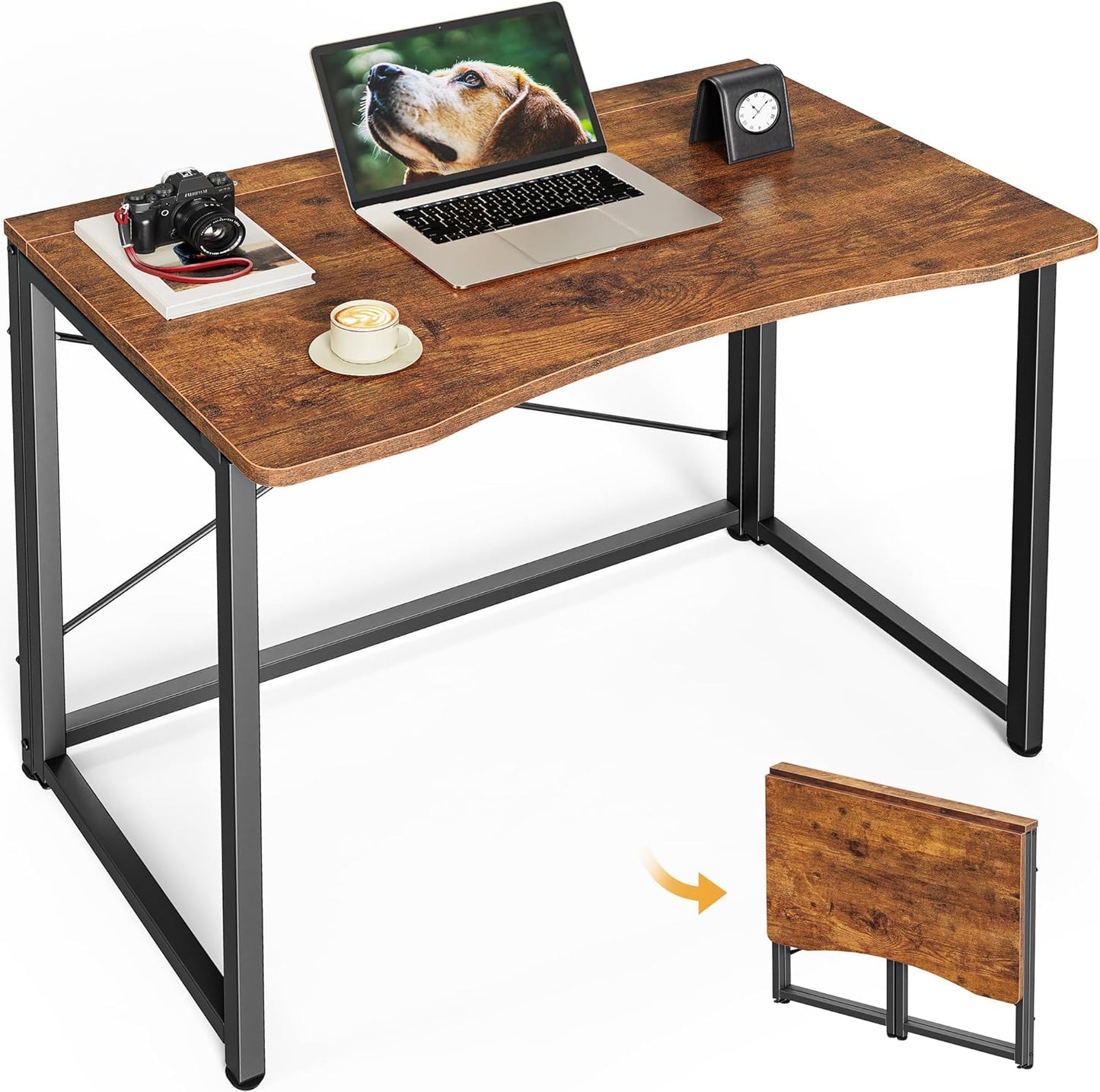 Huuger Folding Desk for Small Spaces, 39.3 Inch Foldable Computer Table, for Home Office, Study, Bedroom, Dorm, Space Saving, Small Writing Work Office Computer Desk, Easy to Fold, Oak