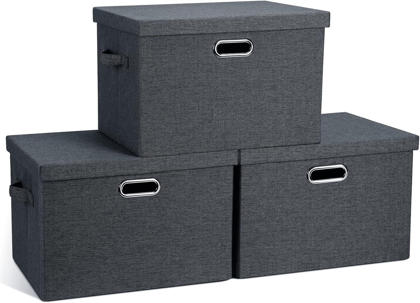 Large 17" 36 Quart Collapsible Stackable Storage Bins with Lids, 3 Packs Beige Linen Fabric Closet Boxes with Lids, Storage Cube Baskets Container Organizers for Bedroom Office(17 x12 x11)