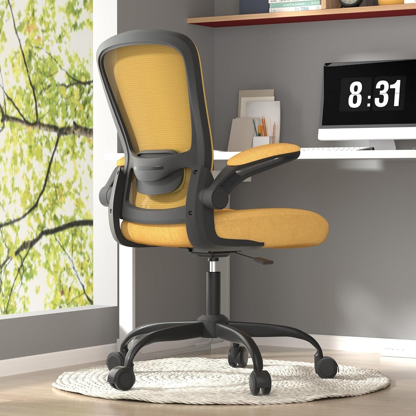 Mimoglad Ergonomic Office Chair - BIFMA Certified, Flip-up Armrests & 135° Recline, Adjustable Lumbar Support - Space-Saving Task Chair for Business/Team Office & Home (Black, 300lbs)