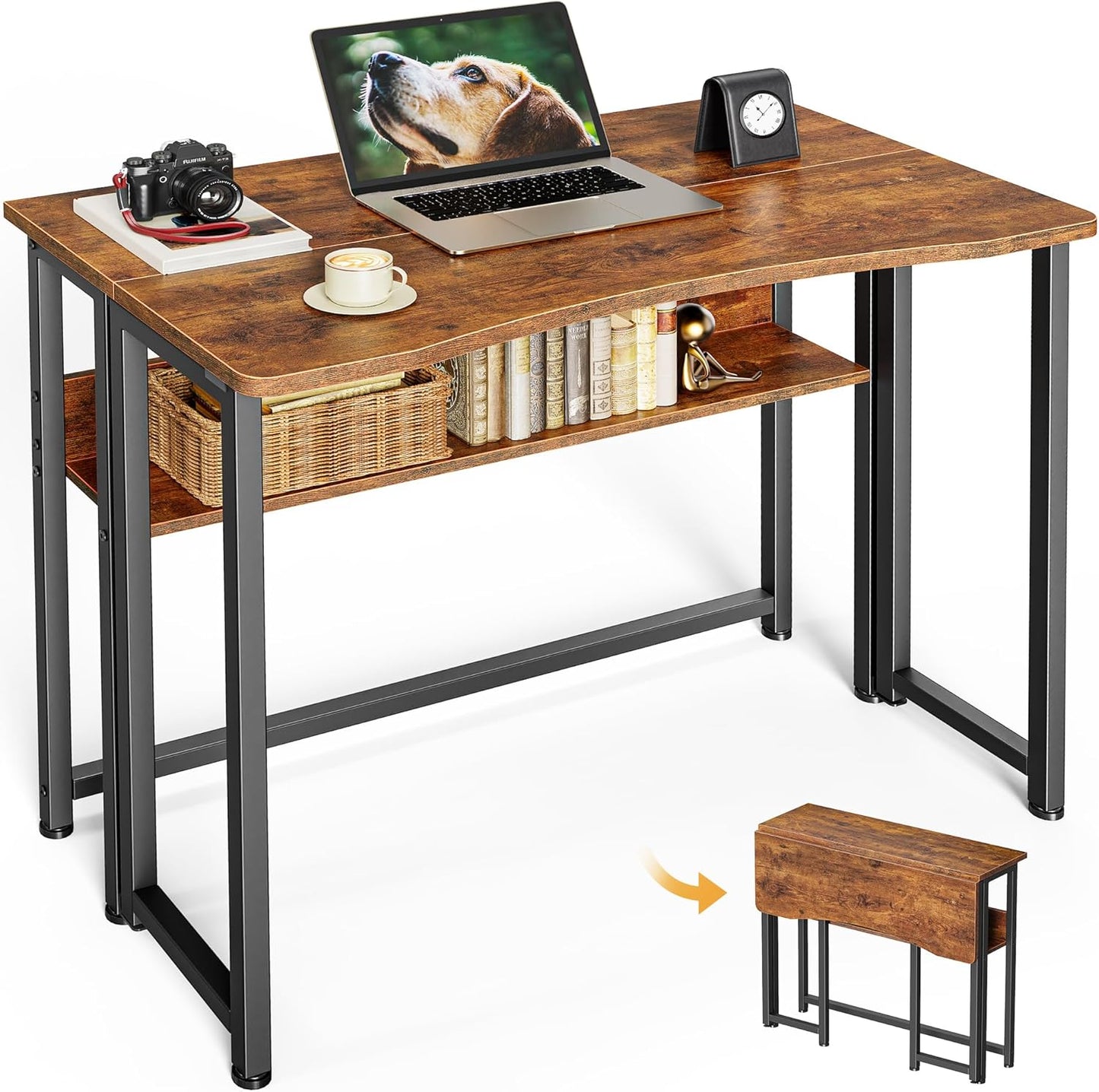 Huuger Folding Desk with Storage Shelf, 39.3 Inch Foldable Computer Table for Small Spaces, Space Saving Sofa Table for Couch, Writing Work Office Computer Desk, Easy to Fold, Oak