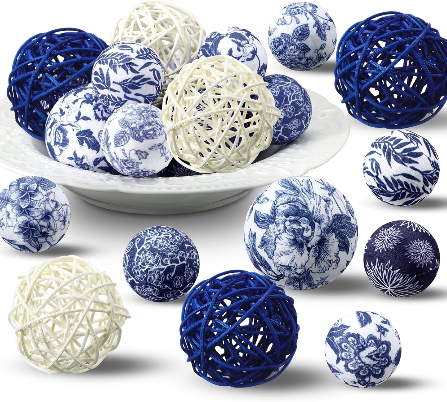 36 Pcs Blue and White Ornaments Chinoiserie Fabric Ball Decoration for Centerpiece Bowls 2. 4 Inch Wicker Rattan Balls 1. 57 Inch Decor Spheres Xmas Party Vases Home Table Decor(Classic)