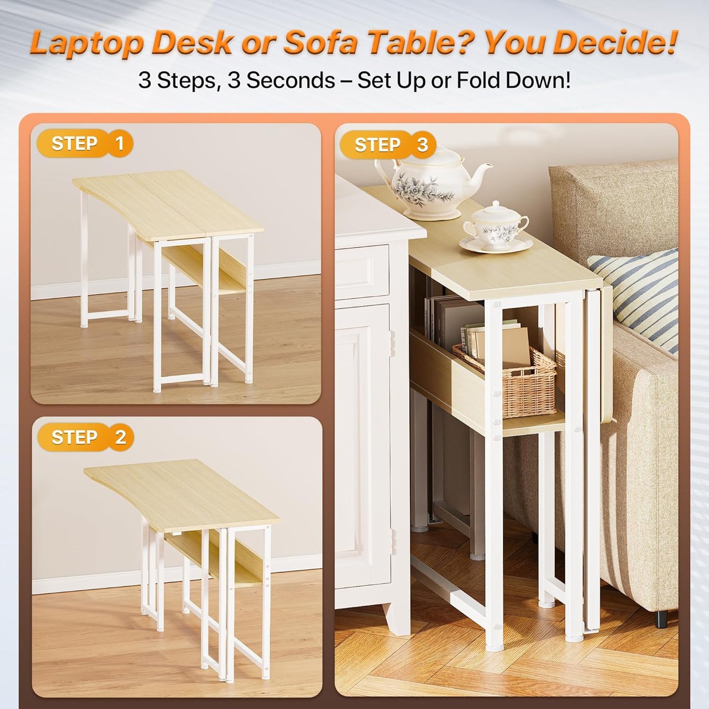 Huuger Folding Desk with Storage Shelf, 39.3 Inch Foldable Computer Table for Small Spaces, Space Saving Sofa Table for Couch, Writing Work Office Computer Desk, Easy to Fold, Oak