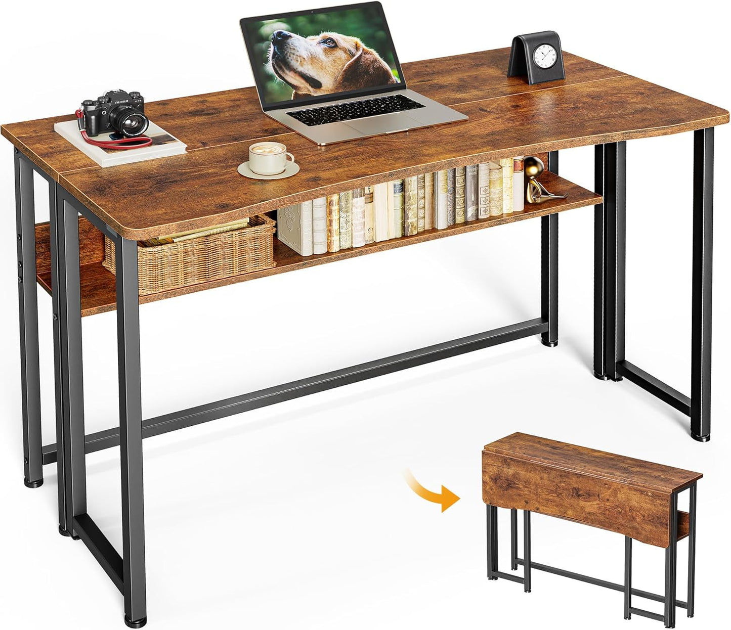 Huuger Folding Desk with Storage Shelf, 39.3 Inch Foldable Computer Table for Small Spaces, Space Saving Sofa Table for Couch, Writing Work Office Computer Desk, Easy to Fold, Oak