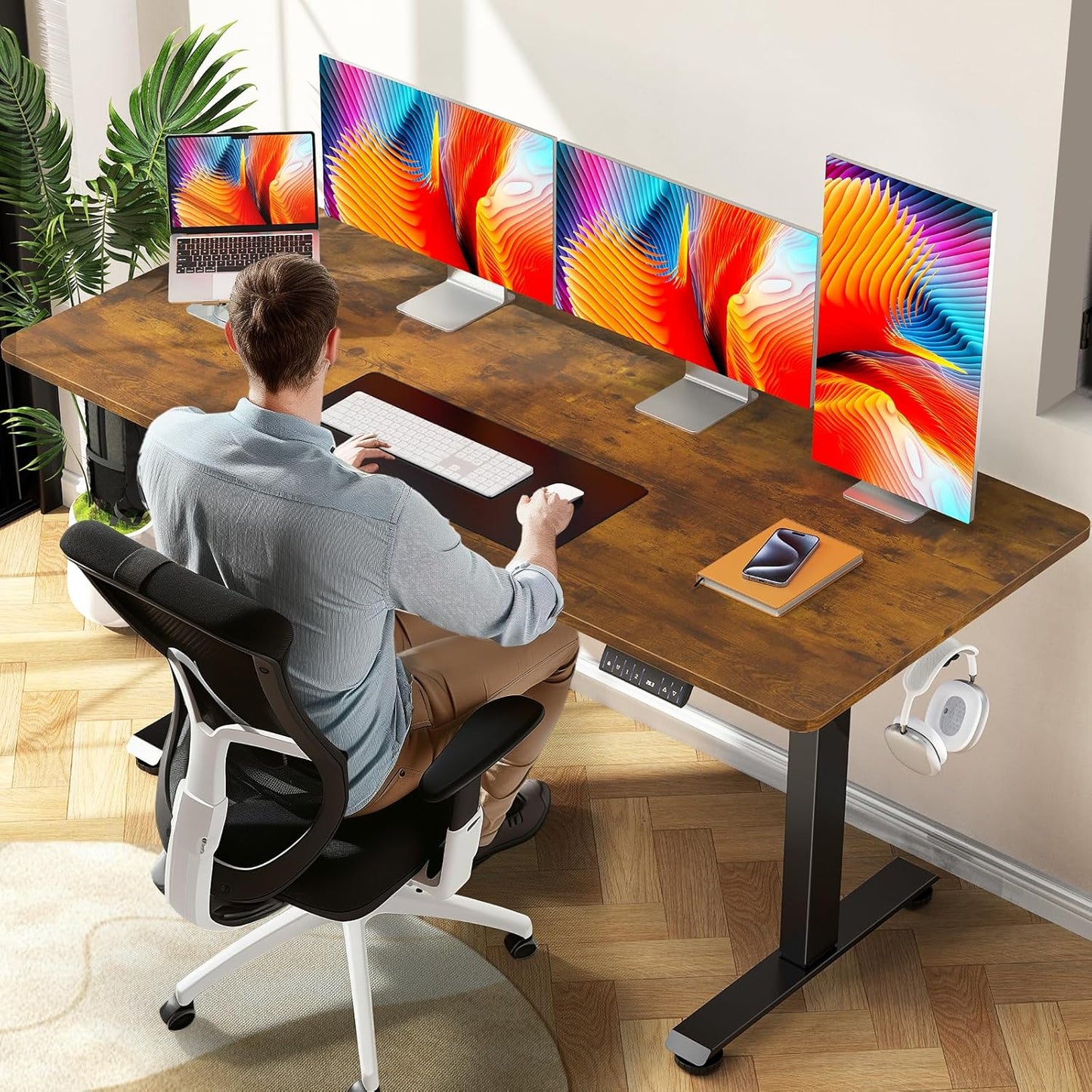 Veken 47.2" Standing Desk Electric, Height Adjustable Sit Stand Up, Wood Desktop, Work Home Office, Computer PC Table, Writing or Gaming Rising Desks, Brown