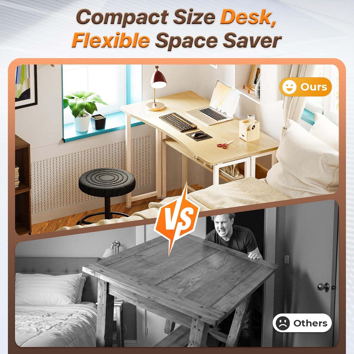 Huuger Folding Desk with Storage Shelf, 39.3 Inch Foldable Computer Table for Small Spaces, Space Saving Sofa Table for Couch, Writing Work Office Computer Desk, Easy to Fold, Oak