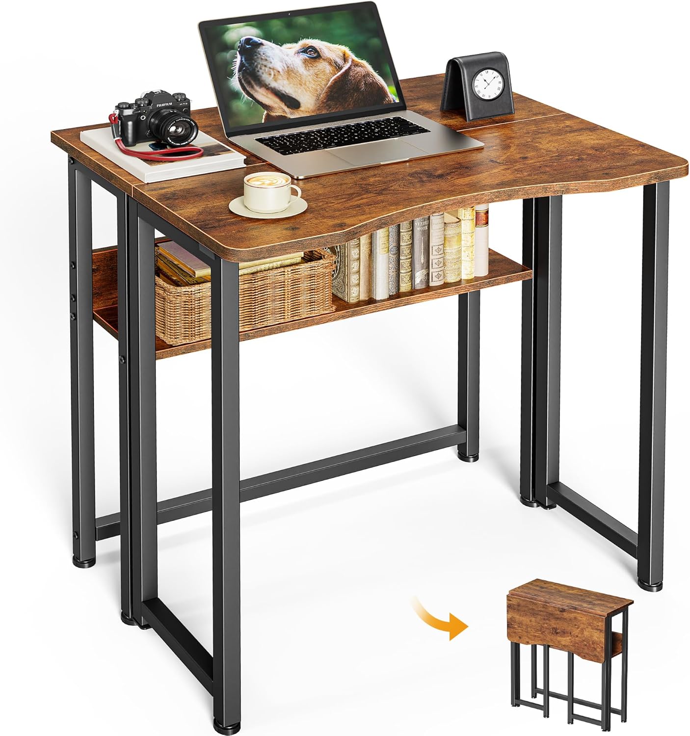 Huuger Folding Desk with Storage Shelf, 39.3 Inch Foldable Computer Table for Small Spaces, Space Saving Sofa Table for Couch, Writing Work Office Computer Desk, Easy to Fold, Oak