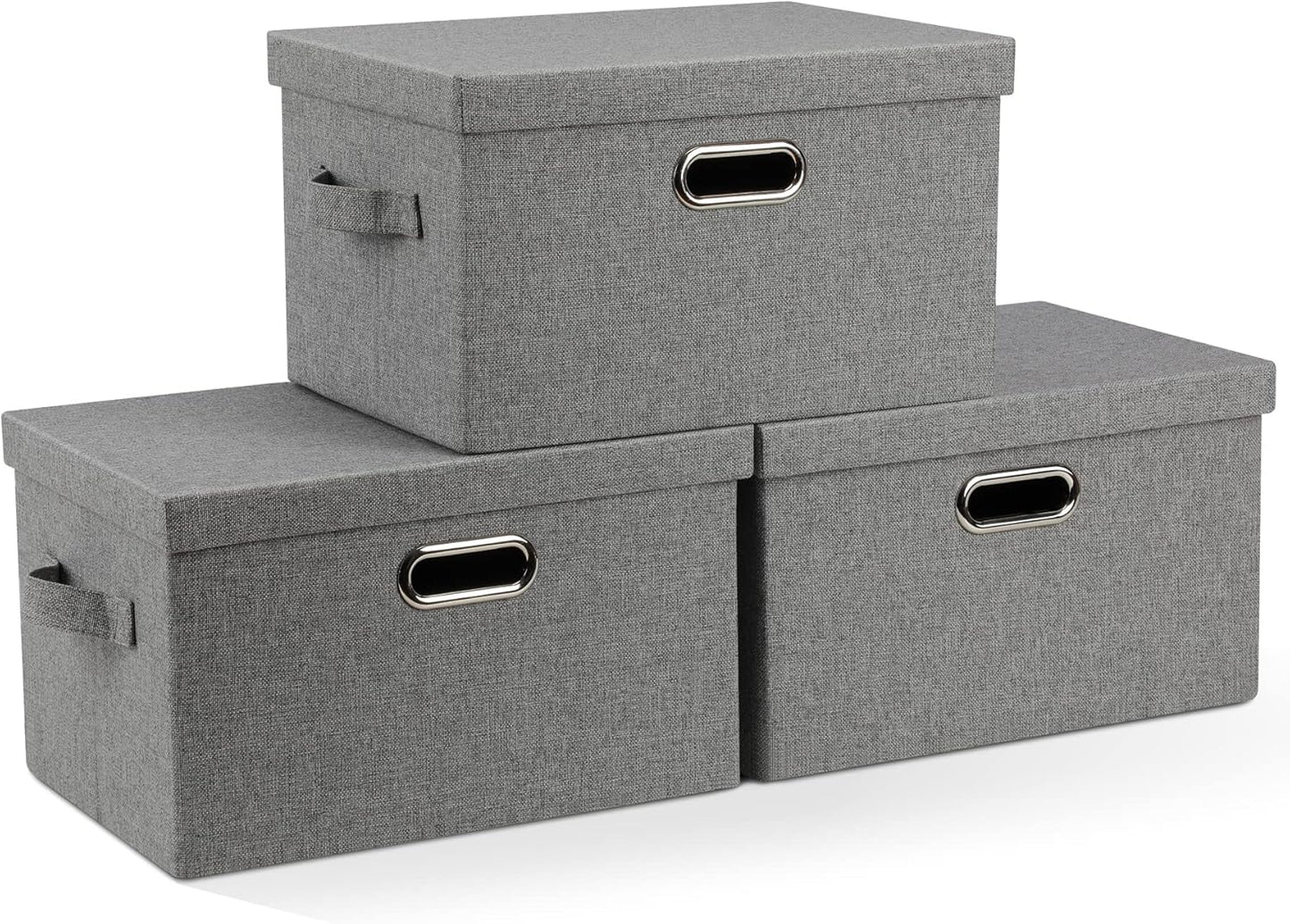 Large 17" 36 Quart Collapsible Stackable Storage Bins with Lids, 3 Packs Beige Linen Fabric Closet Boxes with Lids, Storage Cube Baskets Container Organizers for Bedroom Office(17 x12 x11)