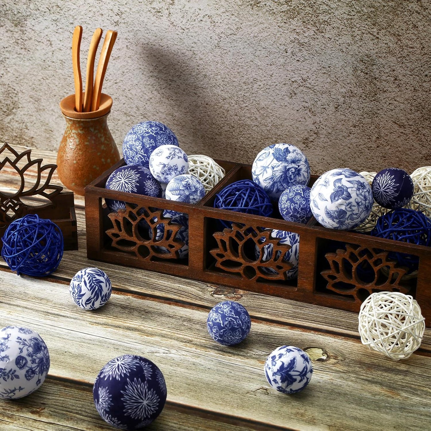 36 Pcs Blue and White Ornaments Chinoiserie Fabric Ball Decoration for Centerpiece Bowls 2. 4 Inch Wicker Rattan Balls 1. 57 Inch Decor Spheres Xmas Party Vases Home Table Decor(Classic)