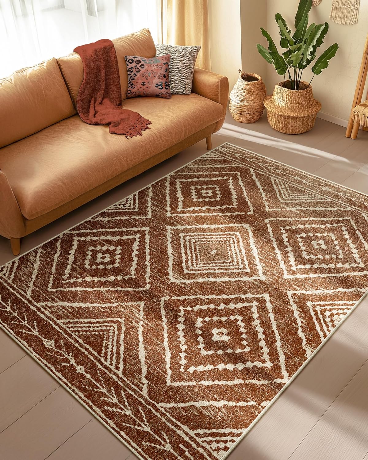 Area Rug 8x10 Rug Machine Washable Non-Slip Low Pile Print Pattern Western Rug for Living Room Bedroom Entryway Tribal Series -Cream/Camel