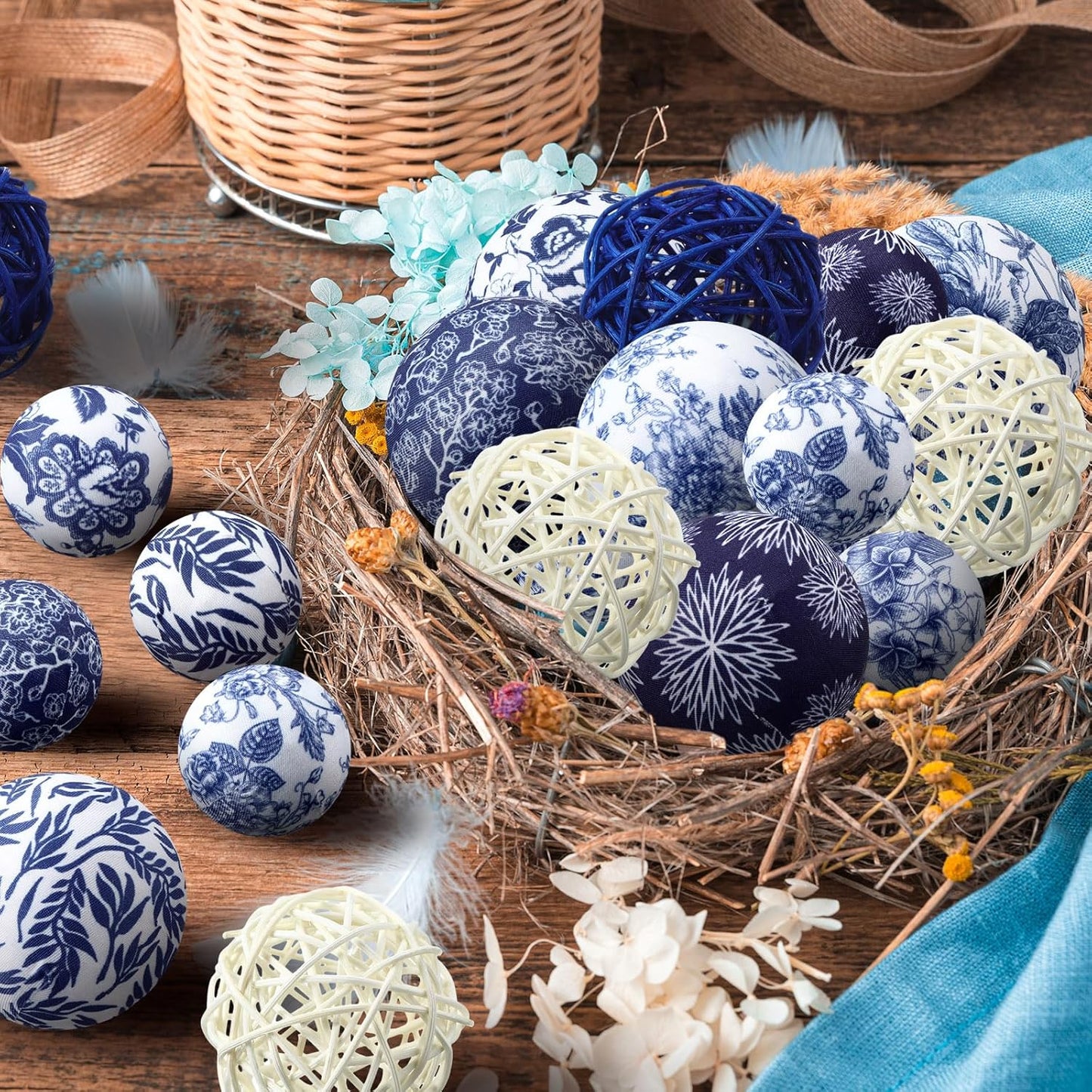36 Pcs Blue and White Ornaments Chinoiserie Fabric Ball Decoration for Centerpiece Bowls 2. 4 Inch Wicker Rattan Balls 1. 57 Inch Decor Spheres Xmas Party Vases Home Table Decor(Classic)