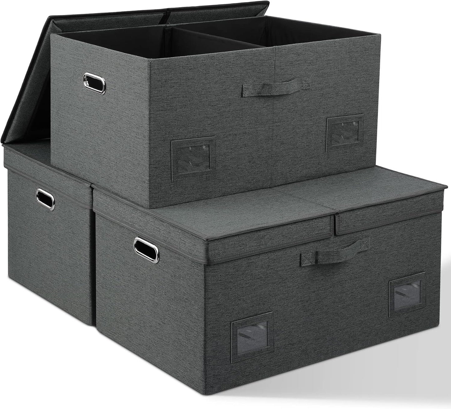 Large 17" 36 Quart Collapsible Stackable Storage Bins with Lids, 3 Packs Beige Linen Fabric Closet Boxes with Lids, Storage Cube Baskets Container Organizers for Bedroom Office(17 x12 x11)