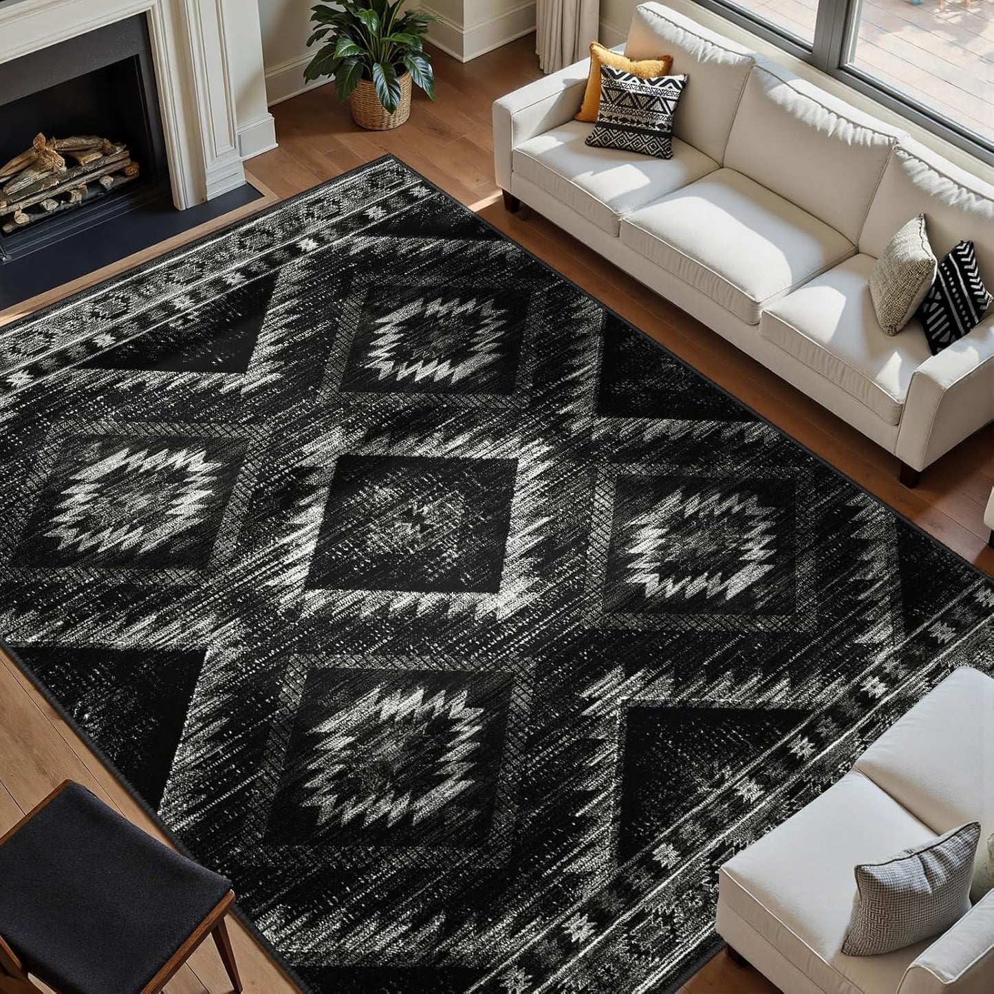 Area Rug 8x10 Rug Machine Washable Non-Slip Low Pile Print Pattern Western Rug for Living Room Bedroom Entryway Tribal Series -Cream/Camel