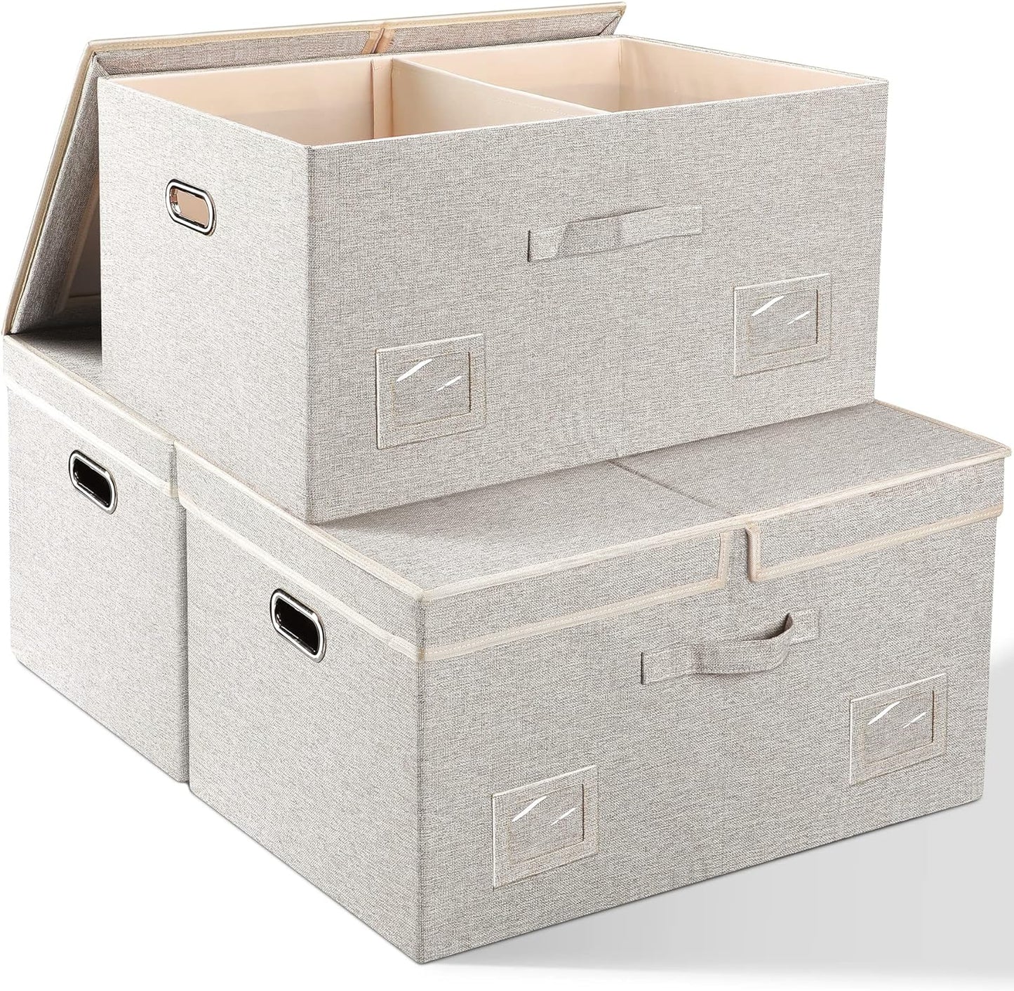 Large 17" 36 Quart Collapsible Stackable Storage Bins with Lids, 3 Packs Beige Linen Fabric Closet Boxes with Lids, Storage Cube Baskets Container Organizers for Bedroom Office(17 x12 x11)