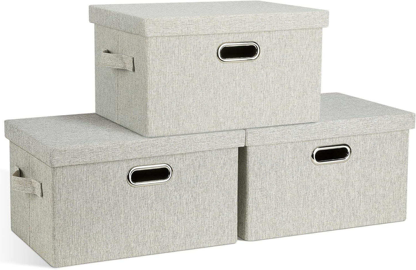 Large 17" 36 Quart Collapsible Stackable Storage Bins with Lids, 3 Packs Beige Linen Fabric Closet Boxes with Lids, Storage Cube Baskets Container Organizers for Bedroom Office(17 x12 x11)