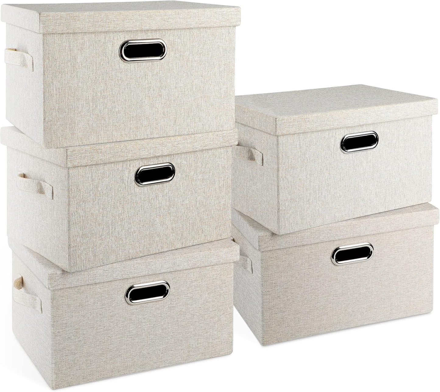 Large 17" 36 Quart Collapsible Stackable Storage Bins with Lids, 3 Packs Beige Linen Fabric Closet Boxes with Lids, Storage Cube Baskets Container Organizers for Bedroom Office(17 x12 x11)