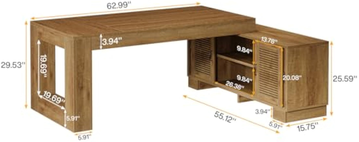Tribesigns L Shaped Executive Desk with Storage Cabinets and 2-Tier Shelf, 63-Inch Simple Modern Business Furniture Large Computer Writing Table Workstation for Home Office, Brown