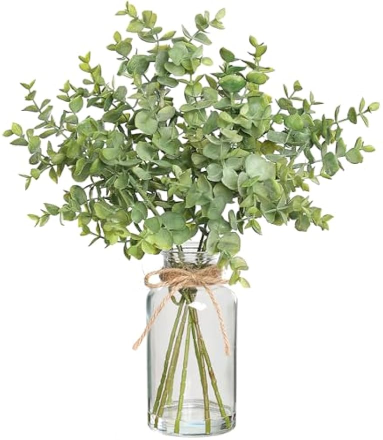 Zheart Fake Eucalyptus Stems in Glass Vase with Faux Water,14" Artificial Plants Eucalyptus Leaves for Shelf Desk Bathroom Farmhouse Room Coffee Table Home Decor (Sage Green)
