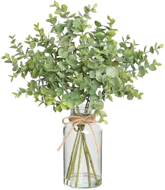 Zheart Fake Eucalyptus Stems in Glass Vase with Faux Water,14" Artificial Plants Eucalyptus Leaves for Shelf Desk Bathroom Farmhouse Room Coffee Table Home Decor (Sage Green)