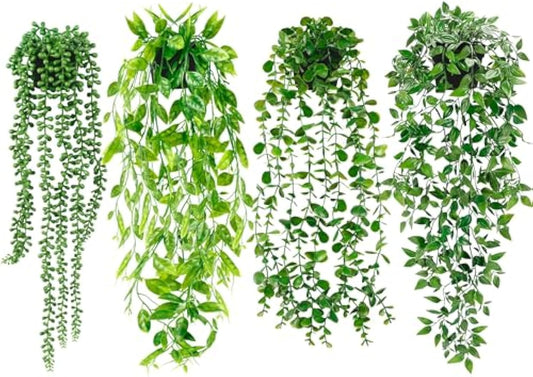 Artificial Hanging Plants for Shelf, 4 Pack Fake Potted Greenery Faux Eucalyptus Vine, Mandala Vine, String of Pearls,Pea pod Leaves in Pot for Office Living Room Bathroom Indoor Outdoor Décor