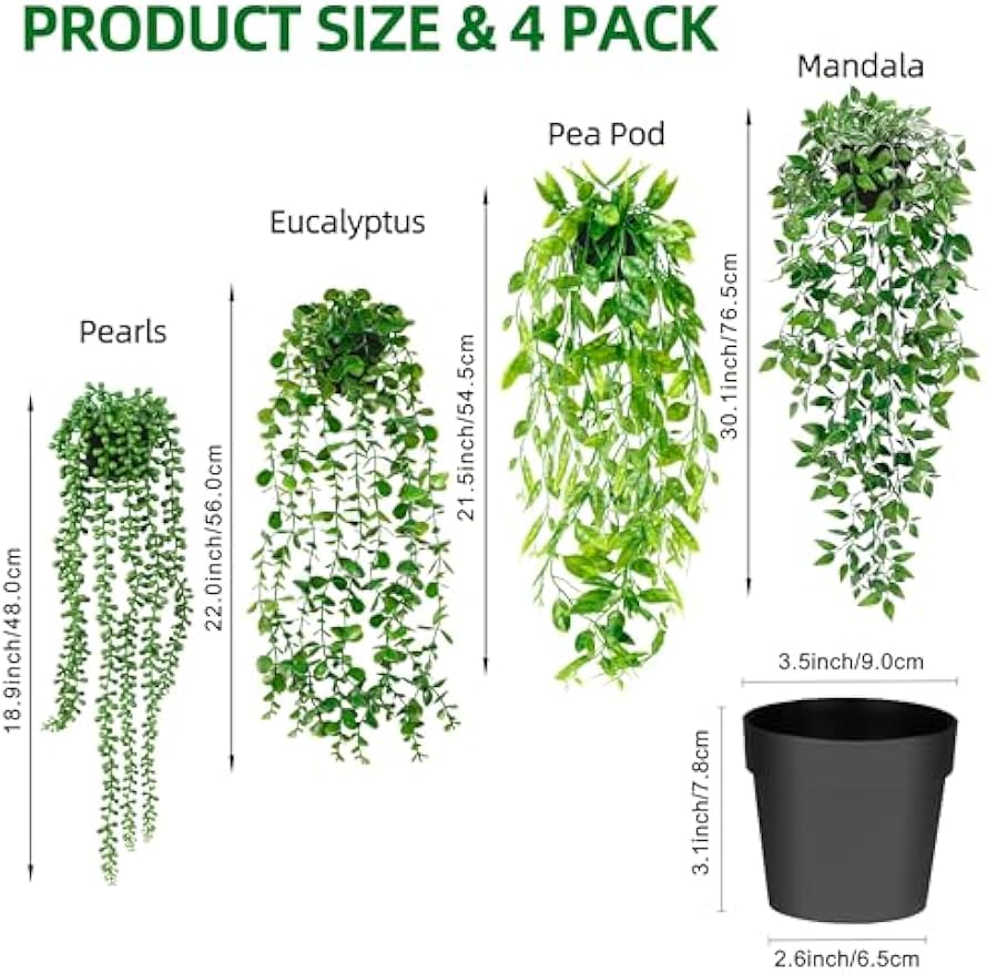 Artificial Hanging Plants for Shelf, 4 Pack Fake Potted Greenery Faux Eucalyptus Vine, Mandala Vine, String of Pearls,Pea pod Leaves in Pot for Office Living Room Bathroom Indoor Outdoor Décor