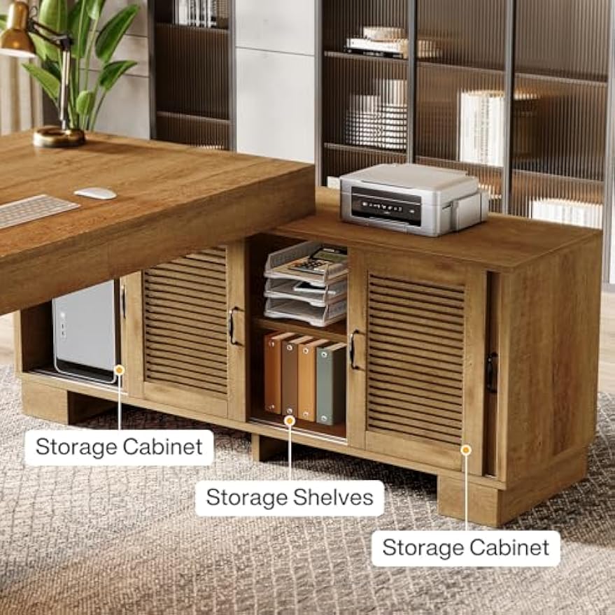 Tribesigns L Shaped Executive Desk with Storage Cabinets and 2-Tier Shelf, 63-Inch Simple Modern Business Furniture Large Computer Writing Table Workstation for Home Office, Brown
