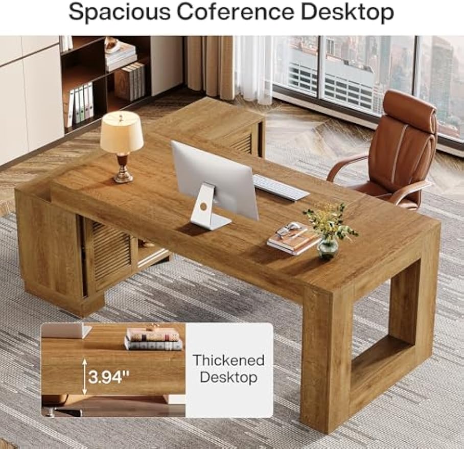 Tribesigns L Shaped Executive Desk with Storage Cabinets and 2-Tier Shelf, 63-Inch Simple Modern Business Furniture Large Computer Writing Table Workstation for Home Office, Brown