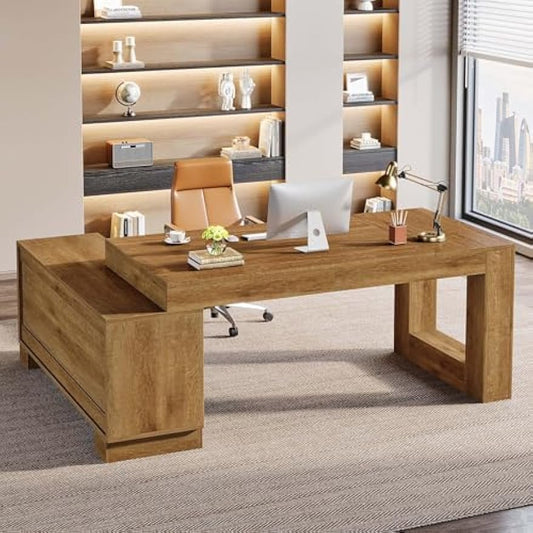 Tribesigns L Shaped Executive Desk with Storage Cabinets and 2-Tier Shelf, 63-Inch Simple Modern Business Furniture Large Computer Writing Table Workstation for Home Office, Brown