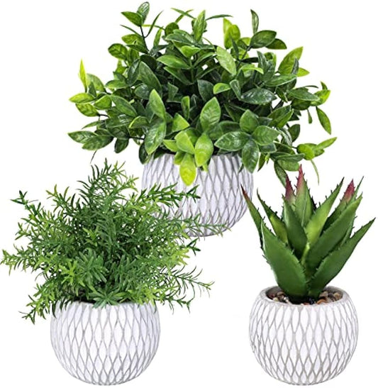 Winlyn 3 Pcs Small Potted Plants Artificial Eucalyptus Rosemary Plants and Aloe Succulent Plant in Gray Geometric Cement Pots for Gifts Table Windowsill Shelf Home Bathroom Indoor Outdoor Green Decor