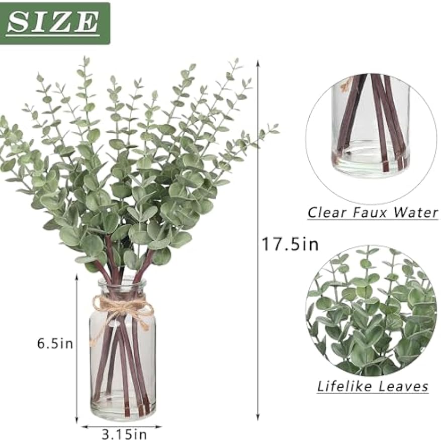VIERENA 17.5" Artificial Eucalyptus Stems in Glass Vase with Faux Water,Fake Plant Eucalyptus Leaves White Seeds for Centerpiece Table Decorations Farmhouse Wedding Home Greenery Decor (Sage Green)