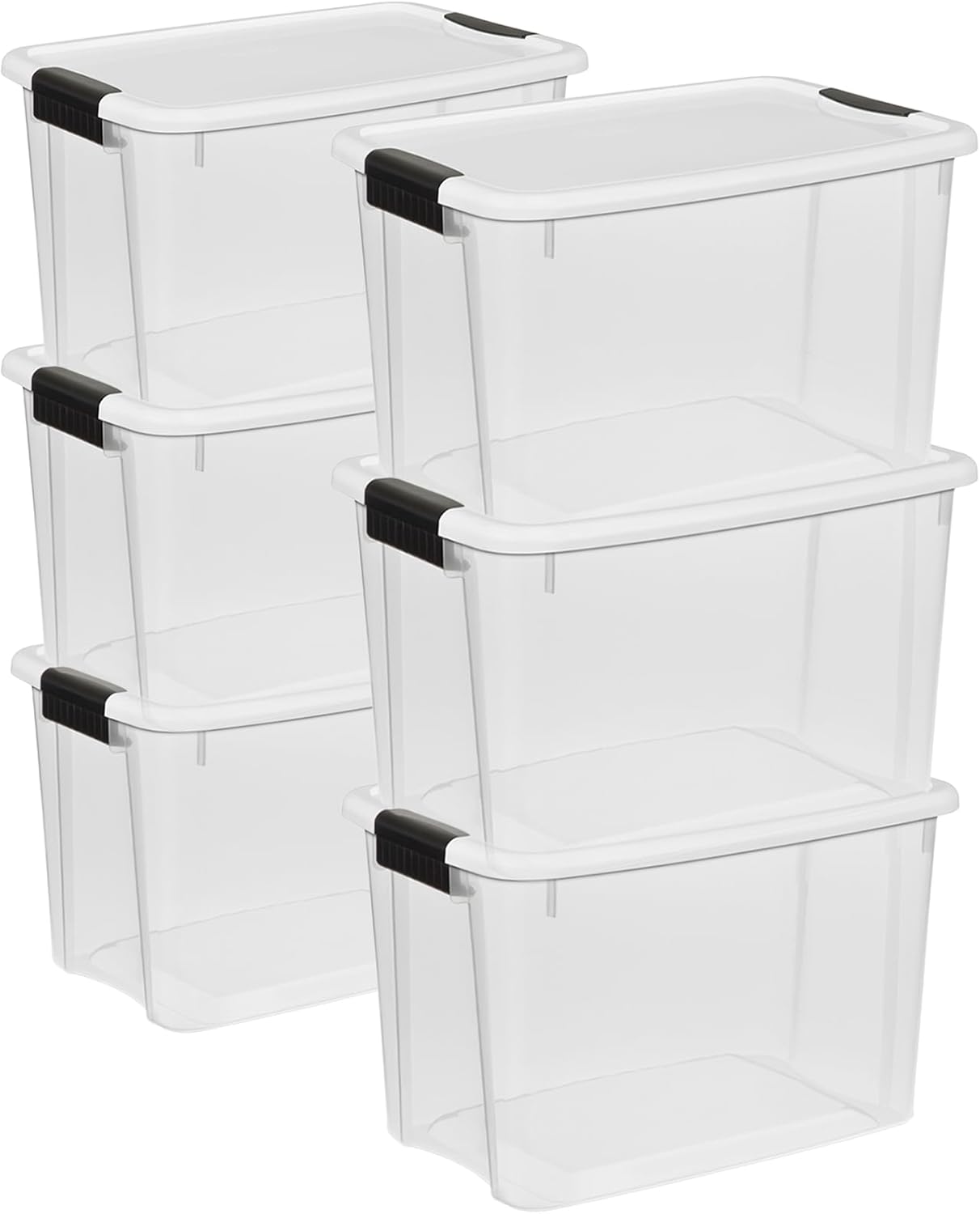 Sterilite 6-Pack Stackable Storage Bin with Lid, Clear Plastic Design, 30 Quart