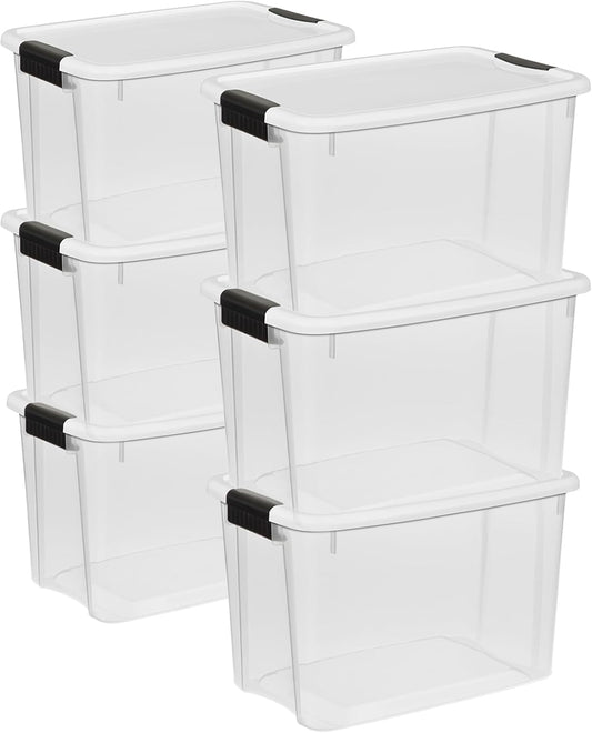 Sterilite 6-Pack Stackable Storage Bin with Lid, Clear Plastic Design, 30 Quart