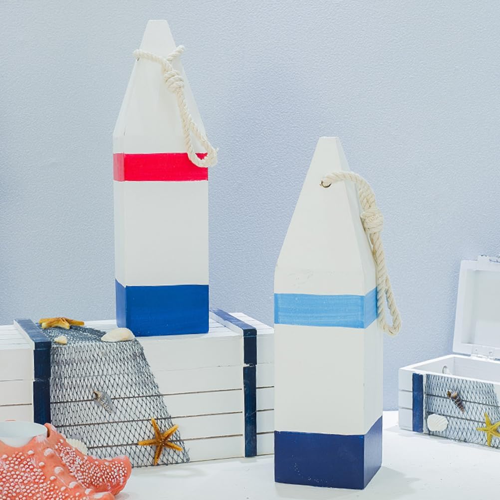 DECHOUS 4Pcs Wooden Buoy Decor: Decorative Buoys with Rope Nautical Wall Hanging Decor - Blue White Mediterranean Ornament for Coastal Home Living Room Bathroom - 10 Inch