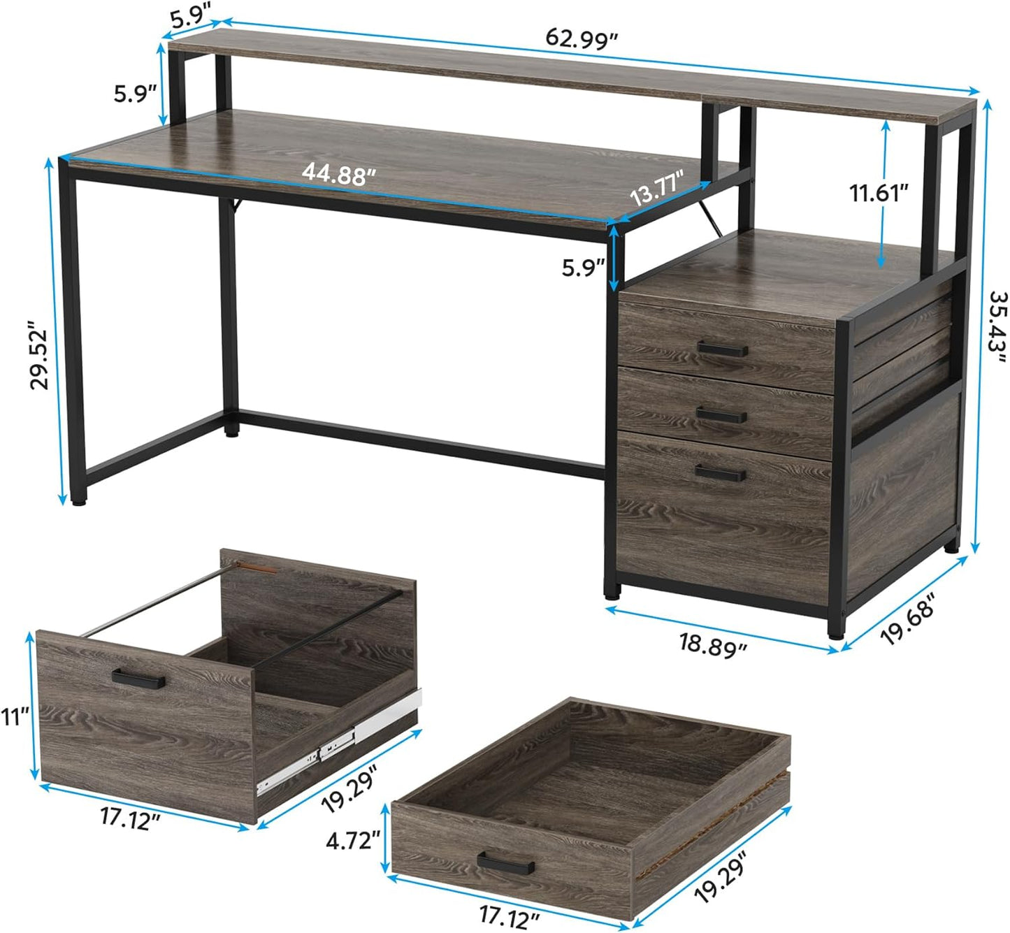 Tribesigns 63 Inch Computer Desk with File Drawer Cabinet, Ergonomic Office Desk with Monitor Stand, Industrial Computer Table with Printer Space, Wood PC Table Workstation Desk for Home Office
