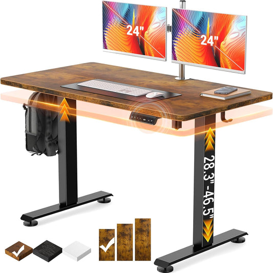 Veken 47.2" Standing Desk Electric, Height Adjustable Sit Stand Up, Wood Desktop, Work Home Office, Computer PC Table, Writing or Gaming Rising Desks, Brown