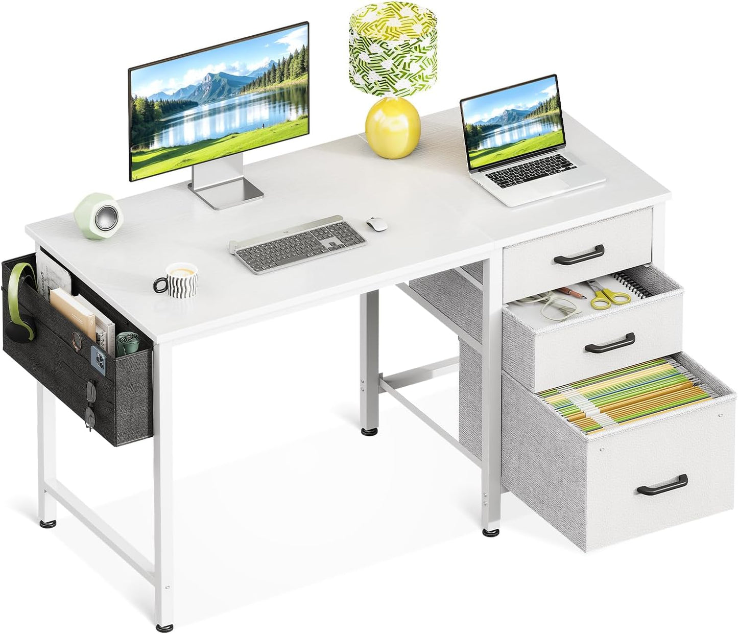 Casaottima 40" Small Computer Home Office Desk for Bedroom with Fabric Drawers & File Cabinet, Cloth Storage Bag and Hook, Writing Study Work Table for Small Space, White