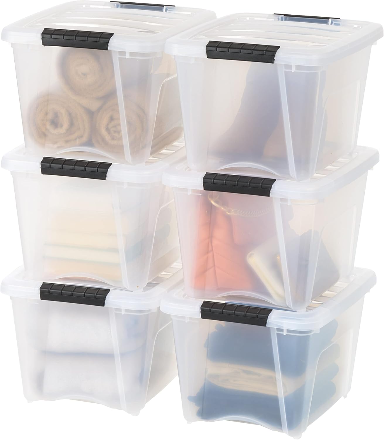 IRIS USA 13 Qt Stackable Plastic Storage Bins with Lids, 6 Pack - BPA-Free, Made in USA - Discreet Organizing Solution, Latches, Durable Nestable Containers, Secure Pull Handle - Pearl