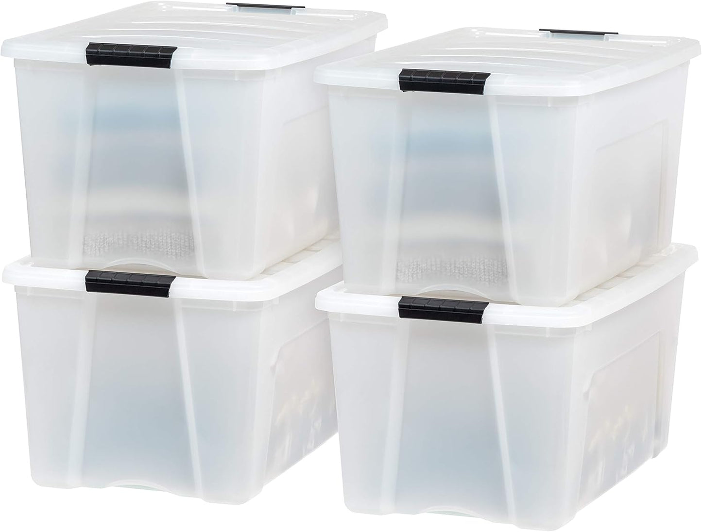 IRIS USA 72 Qt Stackable Plastic Storage Bins with Lids, 4 Pack - BPA-Free, Made in USA - See-Through Organizing Solution, Latches, Durable Nestable Containers, Secure Pull Handle - Clear